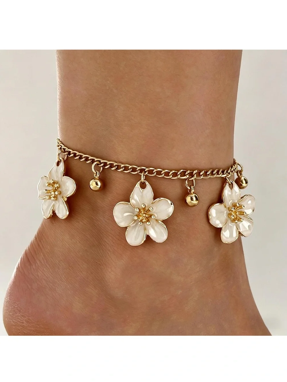 Anthropologie Gold Anklet with White Flower Charms